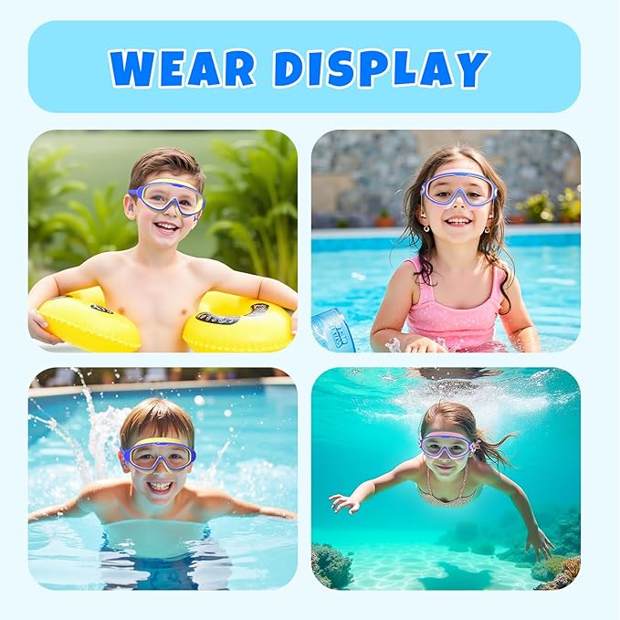 Swim Goggles for Kids 3-15 with Earplugs Large Frame Anti-Fog/UV Swimming Goggles for Boys Girls Toddler 2PCS