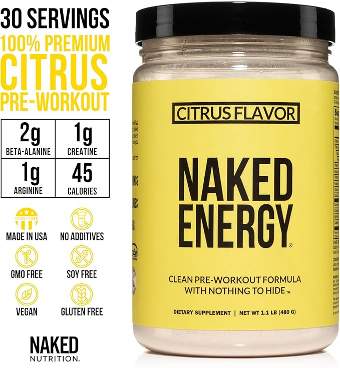 NAKED Citrus Energy - Citrus Flavored Clean Pre Workout Supplement for Men and Women, Vegan Friendly, No Added Sweeteners, Colors Or Flavors - 30 Servings