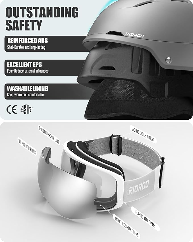 Ski Helmet and Goggles Set, Snowboard Helmet Goggles for Men Women & Youth, Shockproof Snow Helmet Anti Fog OTG Snow Goggles for Skiing Snowboarding