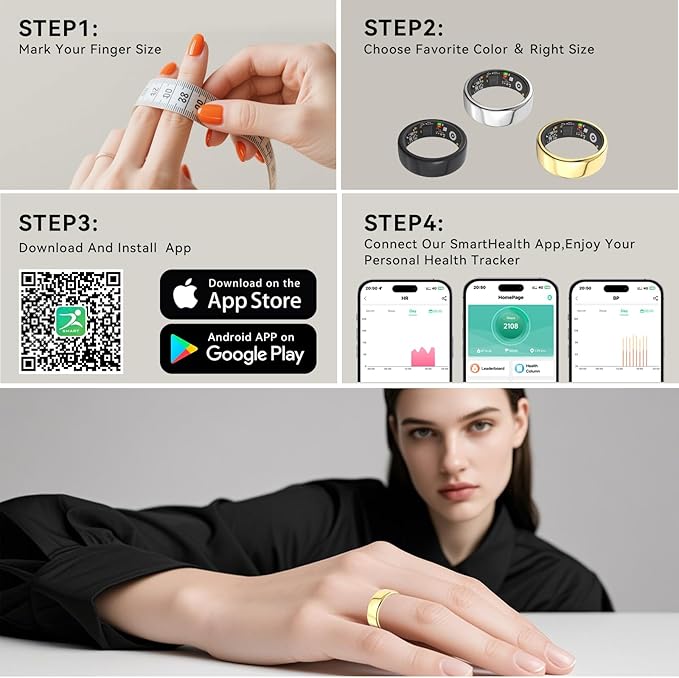 Smart Rings for Women Men,Fitness Tracker Ring,Heart Rate,Blood Oxygen,Blood Pressure,Step Tracker,Sleep Monitoring,No Subscription Fee,IP68 Waterproof Smart Ring for iPhone&Android(Gold 7)