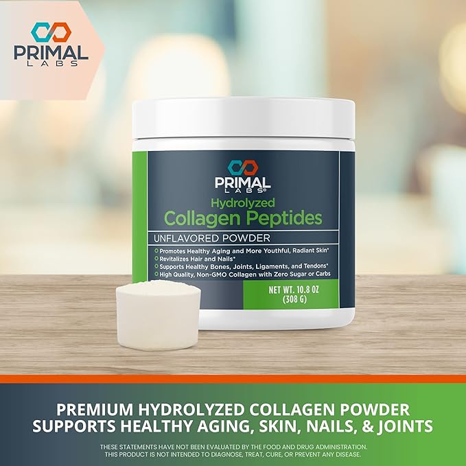 Primal Health Hydrolyzed Collagen Peptides - Multi Collagen Blend - Promotes Healthy Hair, Nails, Skin, & Joints - Non-GMO & Keto Friendly - Unflavored Protein Powder - 30 Servings