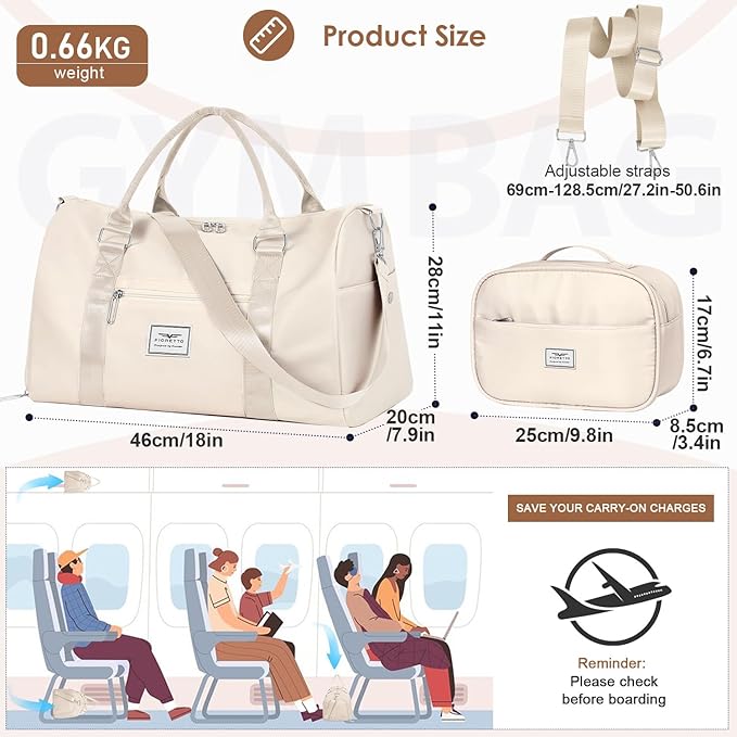 FIORETTO Womens Gym Tote Duffle Bag with Toiletry Bag, Sports Duffel Overnight Hospital Workout Carry on Bag for Girls with Wet Pocket & Shoe Compartment, Ideal for Travel, Swimming, Dance Beige