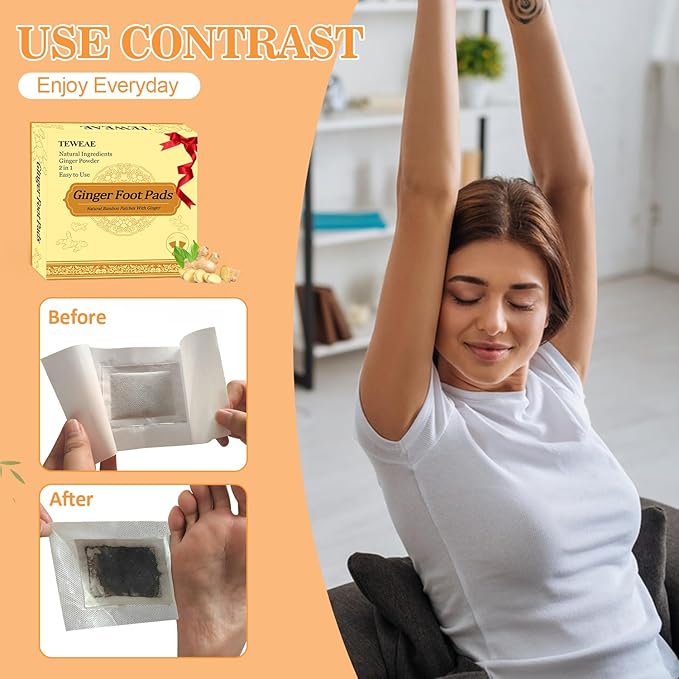 2 in 1 Ginger Foot Pads, 40Pads Tear and Use, Premium Natural Ingredients Ginger Powder, Bamboo Vinegar FootPads with ''Stay in Place'' Adhesive Pads Sheet (40 Pads)
