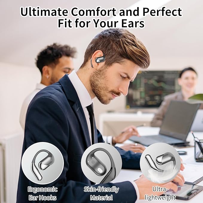 Open Ear Clip Wireless Earbuds Bone Conduction Headphones, Bluetooth 5.4, Open Ear Design for Running Fitness,office,Built-in Mic, IPX7 Waterproof, LED Display Charging Case,Ear Hooks Ear Buds