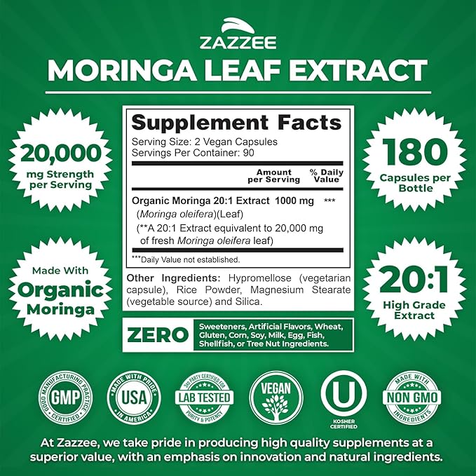 Zazzee Organic Moringa 20:1 Extract, 20,000 mg Strength, 180 Vegan Capsules, 100% Pure Oleifera Leaf Superfood, Concentrated and Standardized 20X Extract, All-Natural, Non-GMO, Made in The USA