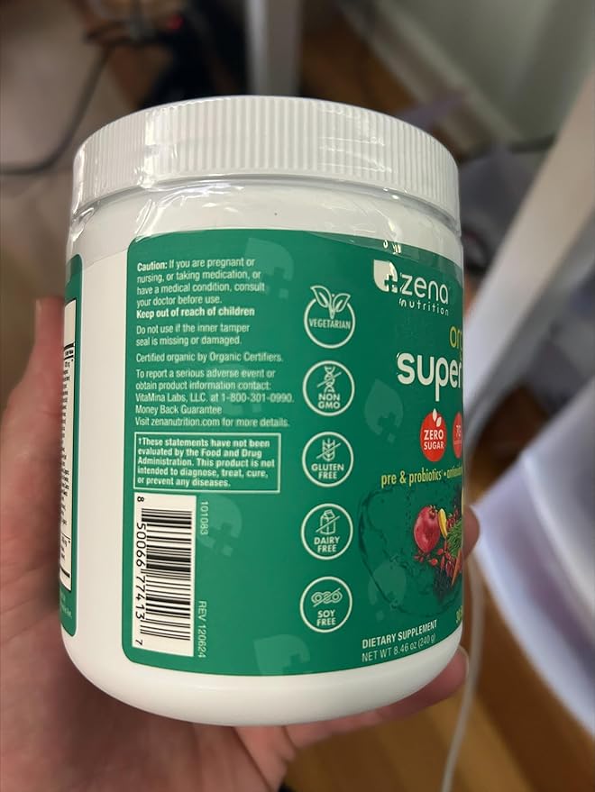 Zena Nutrition Organic Super Greens Powder, 70+ Superfoods, 0 Sugar, 3G Fiber, Spirulina, Chlorella, Antioxidants, Prebiotics/Probiotics, Digestive Enzymes, Mango, 30 Servings