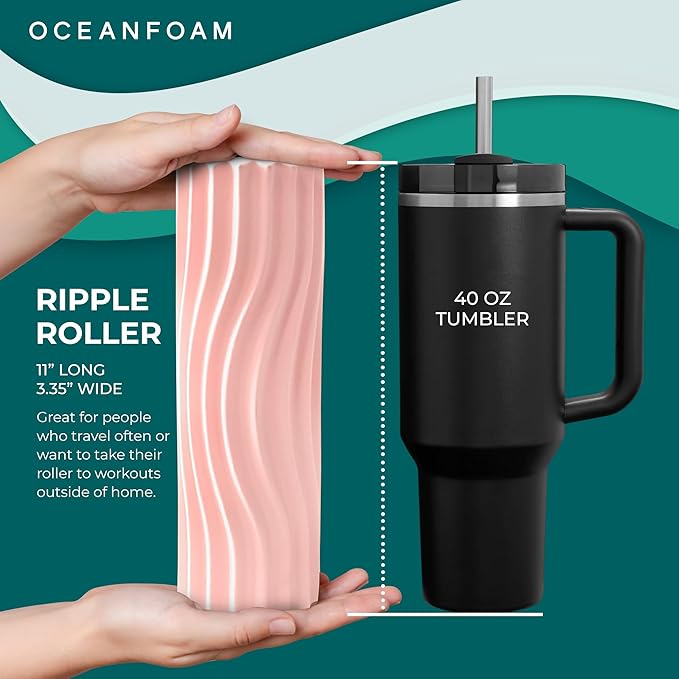 Oceanfoam Ripple Travel Foam Roller (11" x 3.35") Firm Mini Foam Roller for Physical Therapy, Deep Tissue Massage, Back Pain - High Density, Ergonomic Wave Textured - Yoga, Pilates, Exercise (Blush)