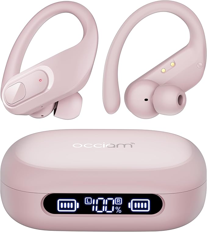 occiam Wireless Earbuds Bluetooth Headphones Ear Buds 96Hrs Playback Sport Over-Ear Waterproof Wireless Headphones Earphones with Earhooks ENC Mics Clear Call for Sport Running Workout Pink