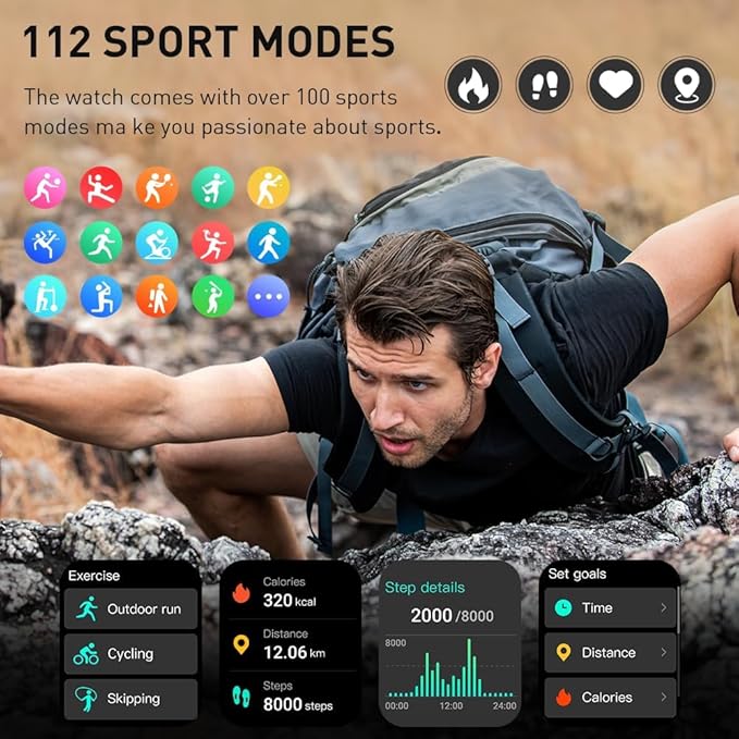 Smart Watch(Answer/Make Call), 1.96" HD Smartwatch for Men Women, 2025 Fitness Activity Tracker with Heart Rate/Sleep Monitor/Pedometer/110+ Sport Modes, IP68 Waterproof Fitness Watch for Android iOS