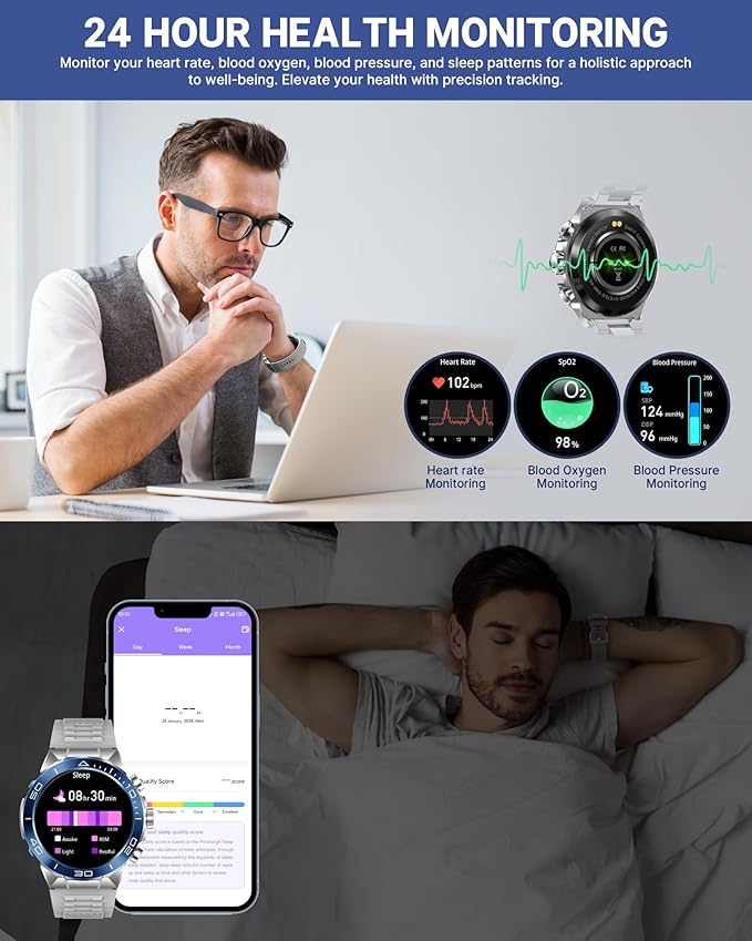 Smart Watch for Men (Answer/Make Call),1.43''AMOLED Screen with 24 Hours Healthy Monitor, 100+ Sports Modes Fitness Tracker Watch, 400mAh Battery Pedometer Calorie Smartwatch Compatible Android iOS