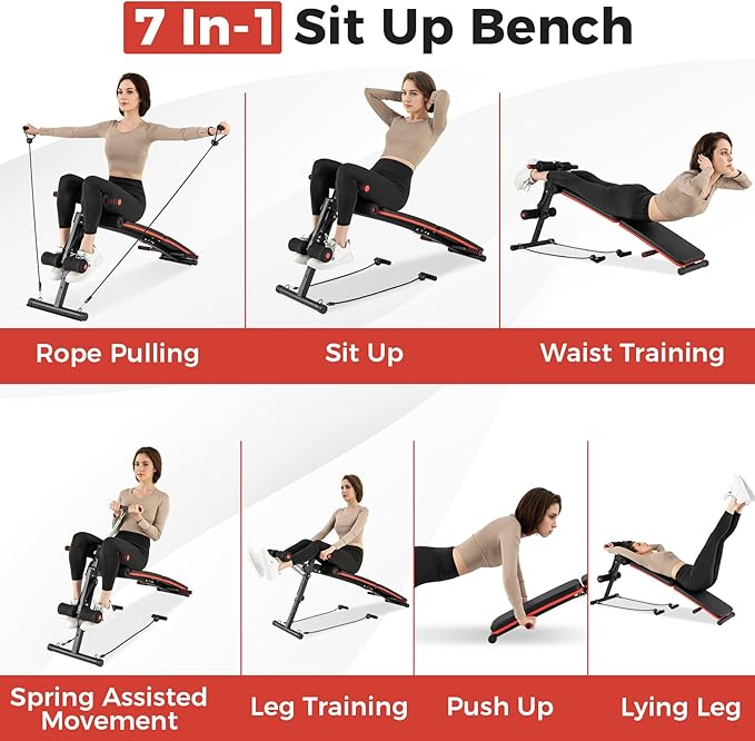 GYMAX Sit Up Bench, 330lbs Folding Decline Workout Bench with Spring Handle, Elastic Ropes & 4 Level Adjustable Height, Incline Weight Bench for Situp, Ab Crunch, Strength Training Exercise for Home Gym
