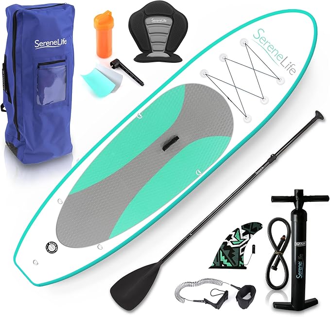 SereneLife Inflatable Stand Up Paddle Board with Premium SUP Accessories – Wide Stable Design with Non-Slip EVA Deck Pad for Adults and Youth of All Skill Levels
