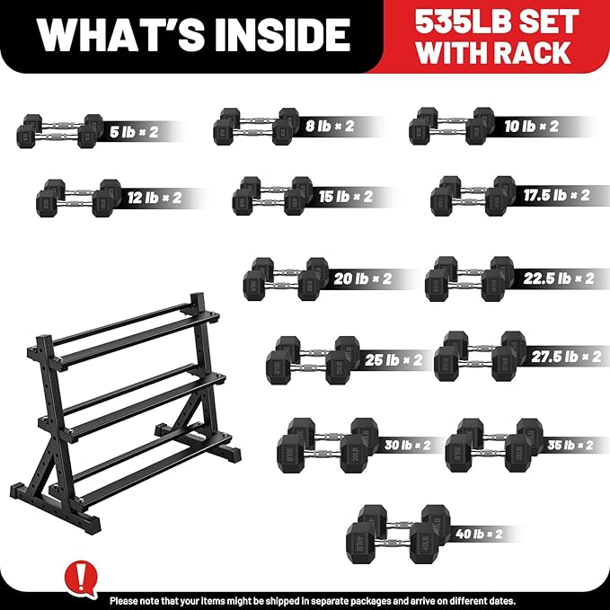 PAPABABE Hex Dumbbell Set with Rack, Rubber Encased Free Weight with Weight Storage Racks, Multiple Weight Options for Home Gym and Fitness