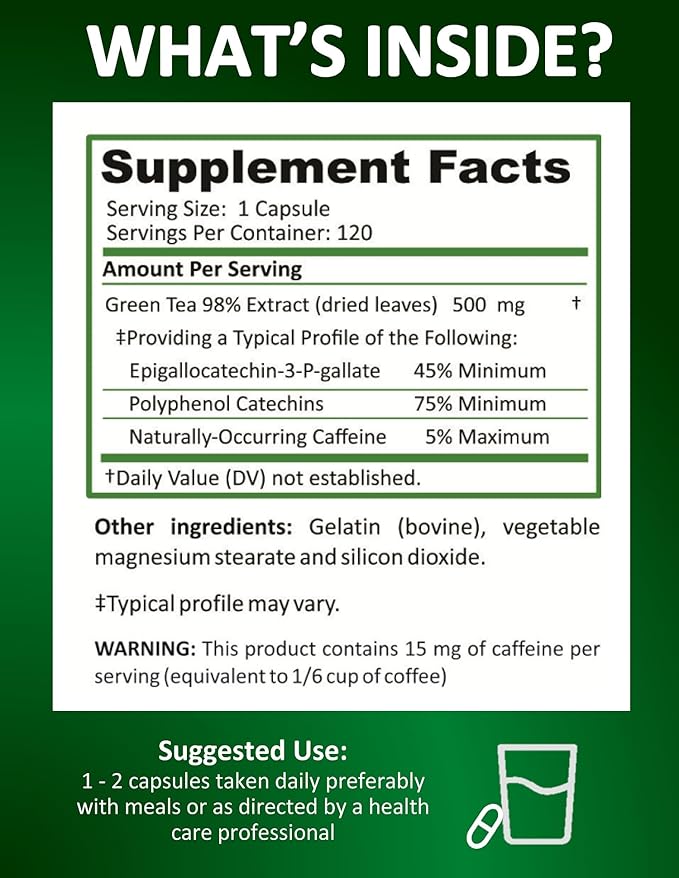 Potent Garden Green Tea Extract with EGCG Natural Energy, Mental Focus, Immune Support, Antioxidant and Healthy Heart Formula, Non-GMO 120 Green Tea Extract Capsules