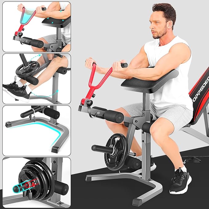 OPPSDECOR 900LBS Adjustable Weight Bench Press with Leg Extension and Preacher Curl Pad, Flat Incline Decline Utility Workout Bench for Home Gym Exercise