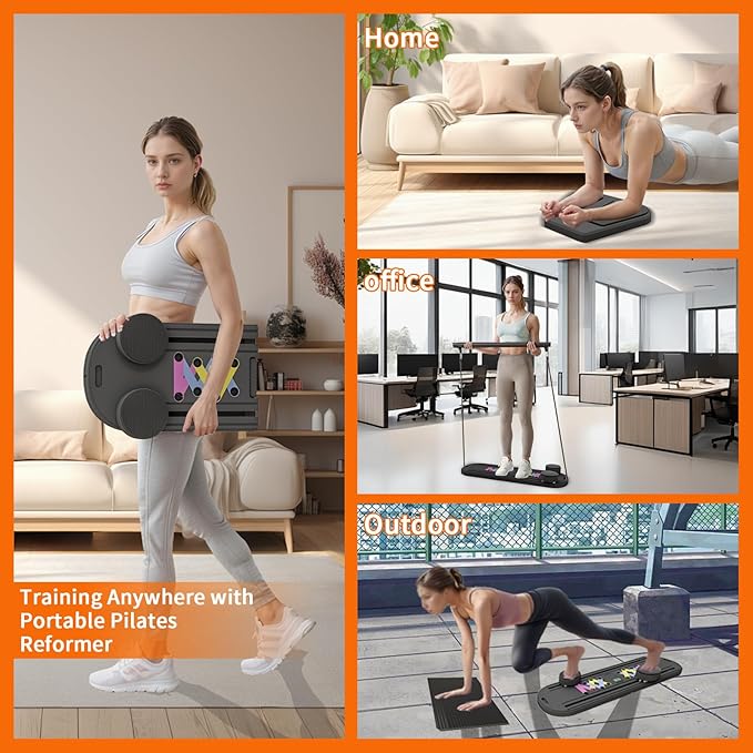 Pilates Reformer Board, 6 in 1 Portable & Foldable Pilates Reformer Set with Resistance Bands, Pilates Board for Home Workout, Multifunctional Abdominal Board