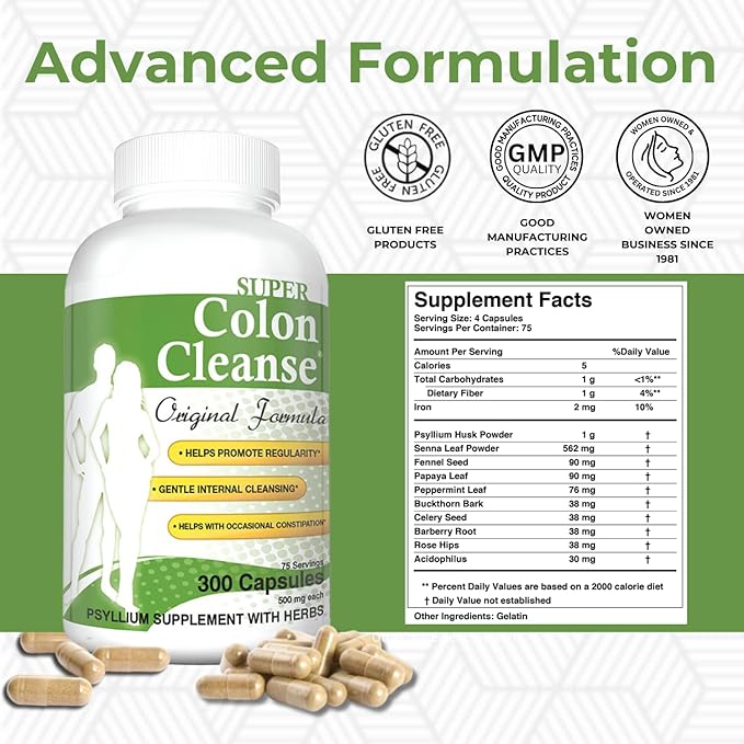 Health Plus Super Colon Cleanse Original Formula (1990-2025), 300 Capsules, 6 Cleanses - Digestive Support, Constipation Relief with Psyllium Husk and Senna Leaf