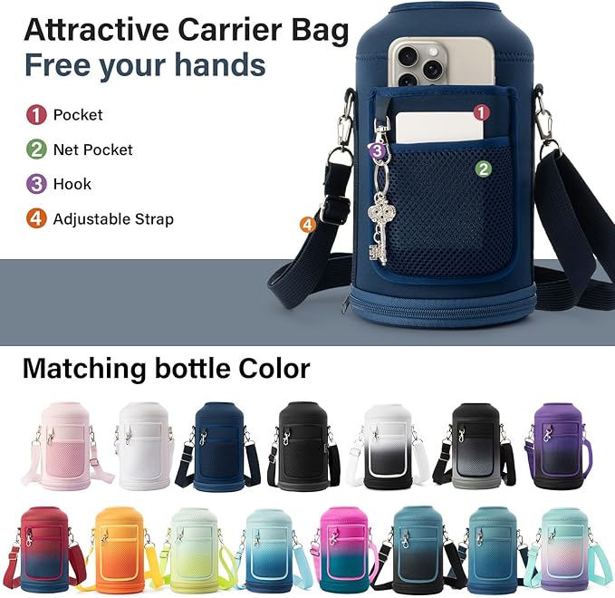 Insulated Water Bottle | Thickened Stainless Steel Vacuum Metal | Portable Sports Half Gallon Large Water Jug for Gym and Hiking with Straw, Carrier Bag, Handle Strap | BPA-Free 64 oz