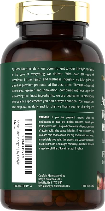 Tahoe Nutritionals Apple Cider Vinegar Capsules | 1800mg | 180 Count | Non-GMO, Gluten-Free Supplement