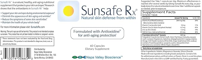 Sunsafe Rx Anti Aging Supplement: Natural Skin Protection Pills with Antioxidants for a Youthful Appearance & Eye Health + Vitamins, Minerals, & 250mg Polypodium Leucotomos (60 Capsules)
