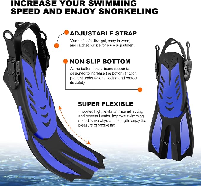 Odoland Kids Snorkeling Packages Snorkel Set, Dry Top Snorkel Mask with Adjustable Swim Fins for Boys and Girls Age 7-14