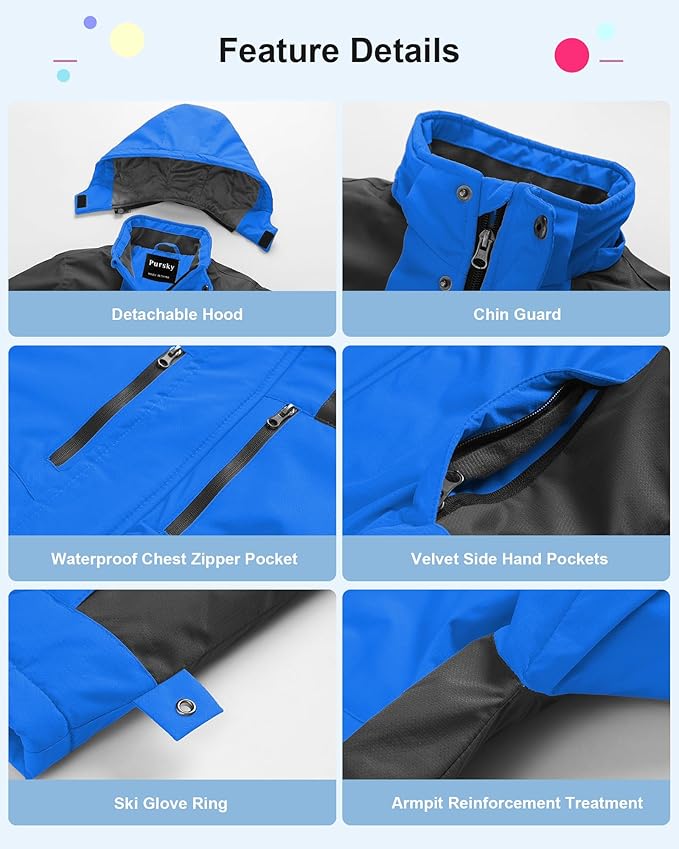 Pursky Boy's Waterproof Ski Jacket Kids Winter Snow Coats Fleece Raincoats Parka