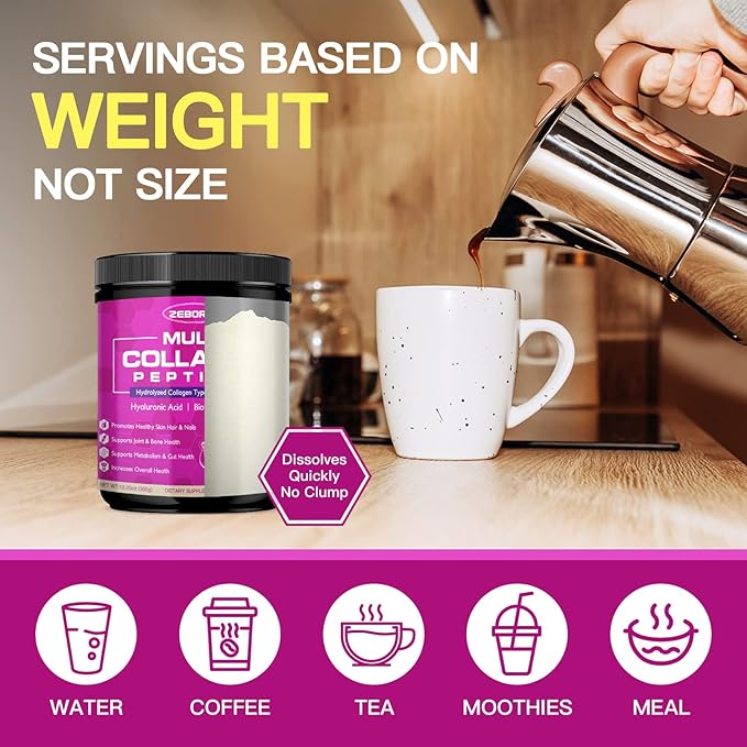 ZEBORA Multi Collagen Peptides Powder - Hydrolyzed Collagen Type I II III V X with Hyaluronic Acid, Biotin, Vitamin C - Support Skin Hair Nail Joints, Non-GMO, Unflavored, Keto Friendly