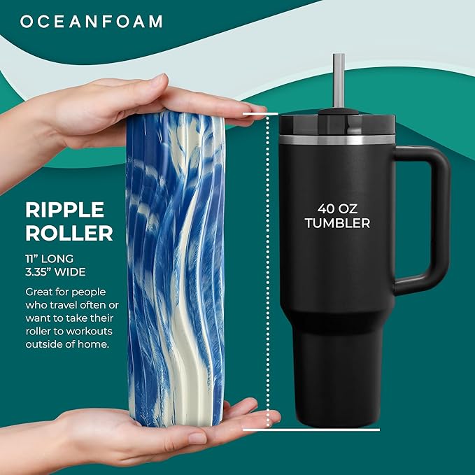 Oceanfoam Ripple Travel Foam Roller (11" x 3.35") Firm Mini Foam Roller for Physical Therapy, Deep Tissue Massage, Back Pain - High Density, Ergonomic Wave Textured - Yoga, Exercise (Royal Marbled)