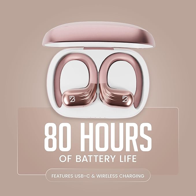 Rose Gold Wireless Running Earbuds for Women. Pink Bluetooth Sport Earbuds for Running, 80 Hour Long Battery Life Over the Ear with EarHooks, Wrap Around Ear buds with Microphone, Earphones