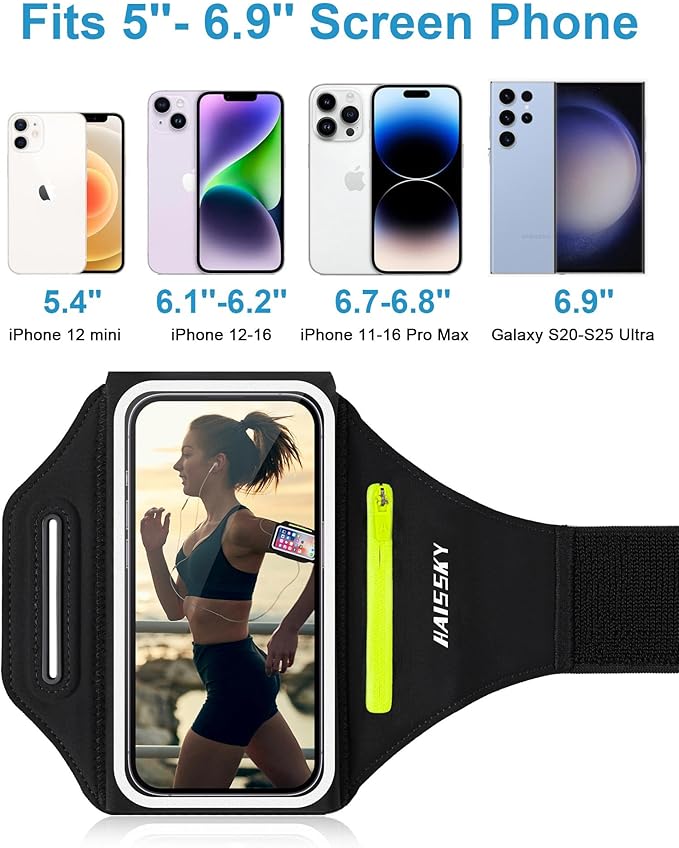 Arm Band for Phone for Running with Foldable Straps, 6.9‘’ Running Armband Phone Holder for iPhone 16 15 14 13 12 11 Pro Max Galaxy Pixel, Running Essentials for Women with Car Home Key Earphone Bag