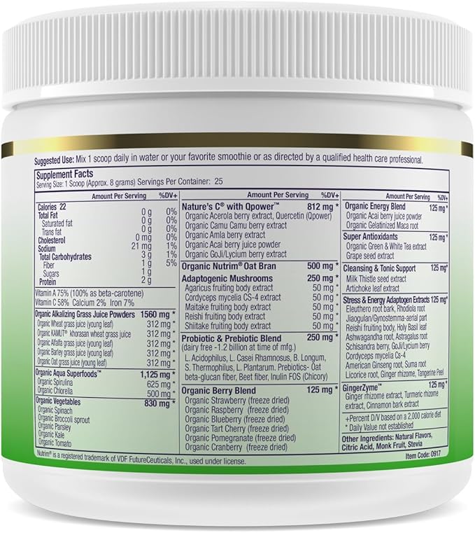 Paradise Herbs ORAC Energy Greens, Apple Superfood Powder, Over 40,000 ORAC Antioxidants, Organic Greens, Berries, Mushrooms & Probiotics, Non-GMO, Gluten-Free, 25 Servings