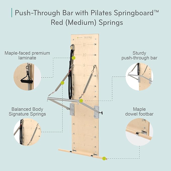 Balanced Body Pilates Springboard with Push-Through Bar, Wall Mounted Pilates Workout Equipment for Home Gym or Studio Use, Pilates Exercise Equipment with Resistance Springs