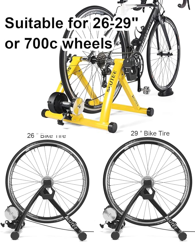 Bike Trainer, Magnetic Bicycle Stationary Stand for Indoor Exercise Riding, 26-29" & 700C Wheels, Quick Release Skewer & Front Wheel Riser Block Included