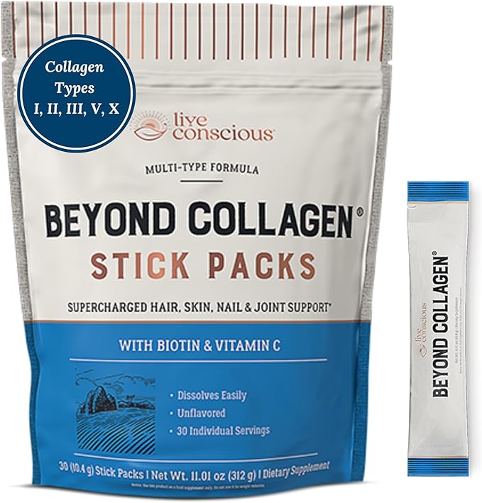 Live Conscious Beyond Collagen Peptides Powder Unflavored Packets - Hydrolyzed Collagen Powder - Hair Skin Nail & Joint Support - Multi Type Collagen Supplements for Women & Men