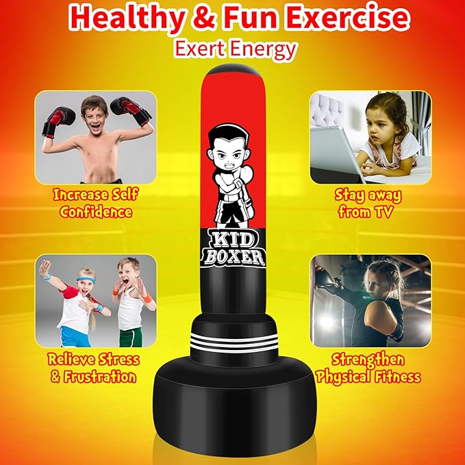 Punching Bag for Kids Set 65" Large Three-Tier Design Stable, Inflatable Boxing Bag Set Toy with Boxing Gloves and Electric Air Pump, Kid Standing Bag for Boys Girls Age 3-15 Training Karate..