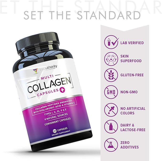Multi Collagen Peptides Capsules for Women - Hydrolyzed Collagen for Women Pills with Types I II III V & X Plus Vitamin C & Hyaluronic Acid for Beautiful Hair Skin and Nails - 60 Servings