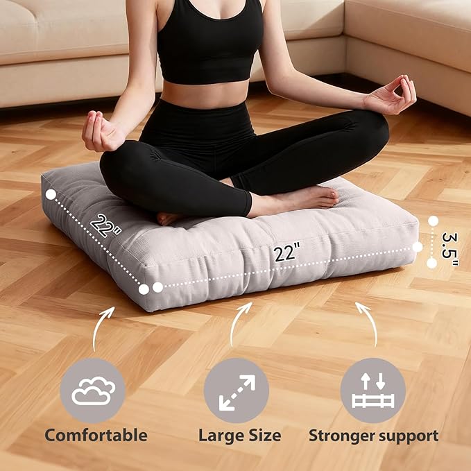 Tiita Meditation Floor Pillows, 22 Inch Square Floor Cushions for Adults, Thicken Tufted Seat Pad Set of 2, Large Floor Cushion for Yoga Garden Living Room Balcony Office Tatami, Grey