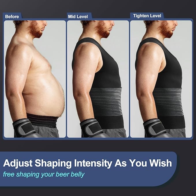 Odoland Men Body Shaper Compression Shirt, Adjustable Velcro Waist Trimmer Belt Intensity, Slimming Shapewear Tummy Control