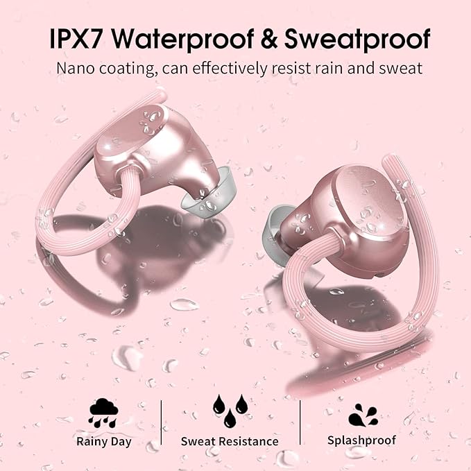 Wireless Earbuds, HiFi Stereo Sport Bluetooth 5.3 Headphones with Earhooks, 48H Deep Bass Headphones with LED Display, Noise Cancelling, IP7 Waterproof Earphones Built-in Mic for Running