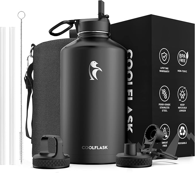 Coolflask Gallon Water Bottle Insulated with Straw&3 Lids, 128 oz Water Jug Large Stainless Steel Metal Vacuum Wide Mouth for Sports, Gym or Office, Non-BPA Keep Cold 48H Hot 24H, Magic Black