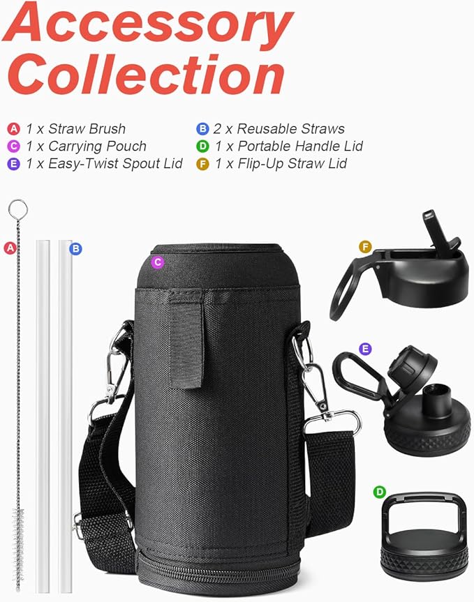 Water Bottle 32 oz Insulated with Straw, Coolflask Stainless Steel Metal 3 Lids Water Flask Wide Mouth for Sports or Office, Non-BPA Keep Cold Up to 48 Hrs or Hot Up to 24 Hrs, Magic Black