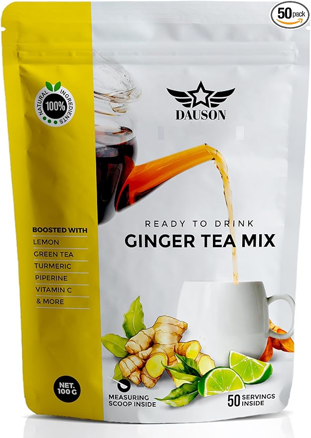 Ginger Tea Mix β 50 Servings | Instant Powder with Lemon, Turmeric, Licorice & Vitamin C | Caffeine-Free Herbal Blend with Green Tea Extract & Black Pepper | Natural Detox & Immune Support