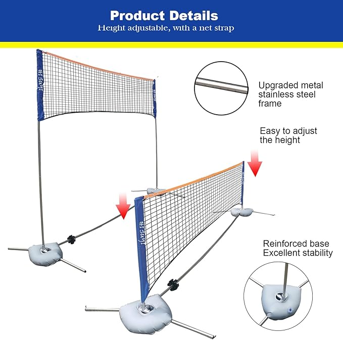 Portable Height Adjustable Badminton Volleyball Tennis Net Set Multi-Purpose Sports Equipment with Poles Stand and Carry Bag for Kids Adult Outdoor Exercise