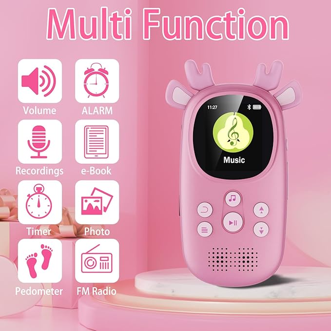 32GB MP3 Players for Kids, Cute Reindeer Portable Music Bluetooth Kid MP3 Player, Child MP3 Player with Bluetooth 5.3,Speaker, FM Radio, Alarm Clock, Voice Recorder, Stopwatch (Support up to 128GB)