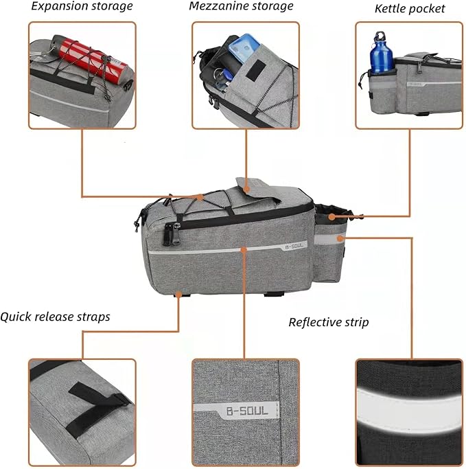 ZTZ Bike Rack Bag, Bicycle Rear Rack Storage Luggage, 8L Insulated Trunk Bag, Waterproof with Reflective Stripes (Black)
