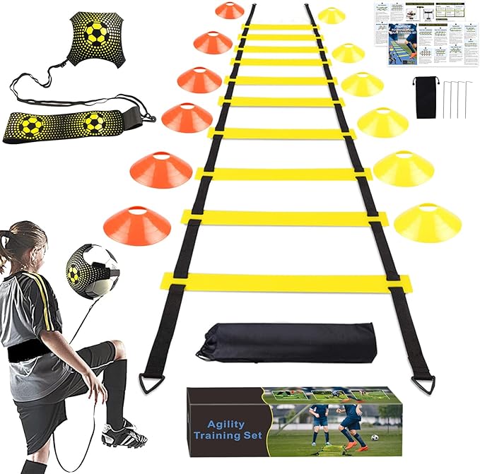 Soccer Speed Agility Training Set - 20FT Agility Ladder 12/16 Sports Cones and Soccer Kick Trainer Football Training Equipment Footwork Drills for Youth and Adults