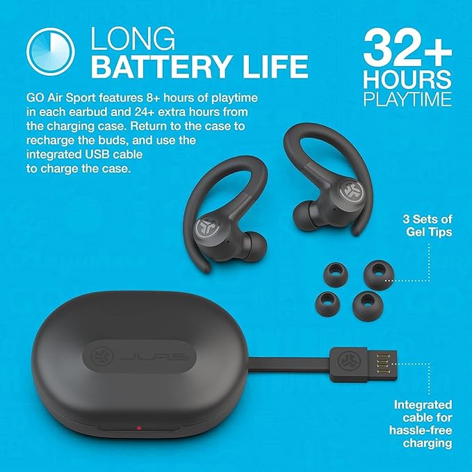 JLab Go Air Sport, Wireless Workout Earbuds Featuring C3 Clear Calling, Secure Earhook Sport Design, 32+ Hour Bluetooth Playtime, and 3 EQ Sound Settings (Graphite/Black)