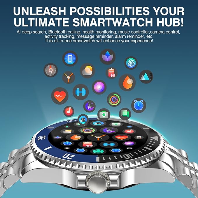 2025 DA GPT Smart Watch for Men, Heart Rate, Blood Pressure, Blood Oxygen, Sleep Monitor, 107 Sports Modes, 1.19-inch AMOLED Display, Waterproof Round Watch, Compatible Android and iOS Silver Blue