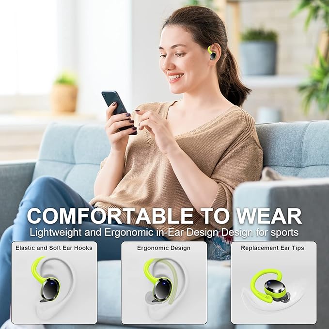 Wireless Earbud, Bluetooth 5.4 Headphones IP7 Waterproof for Sport, 48H Running Wireless Earphones with ENC Noise Cancelling Mic, Deep Bass Over Ear bud with Earhooks for Android, iOS, Workout, Green
