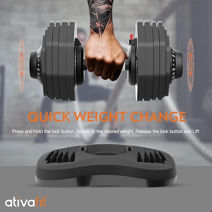 Ativafit 27.5/66/88LBS Pair Adjustable Dumbbell Set with Anti-slip Handle 12 In 1 Quick Dial Adjustment Weights With Safety Locking Button Space Saving Strength Training for Full Body Home Gym Workout